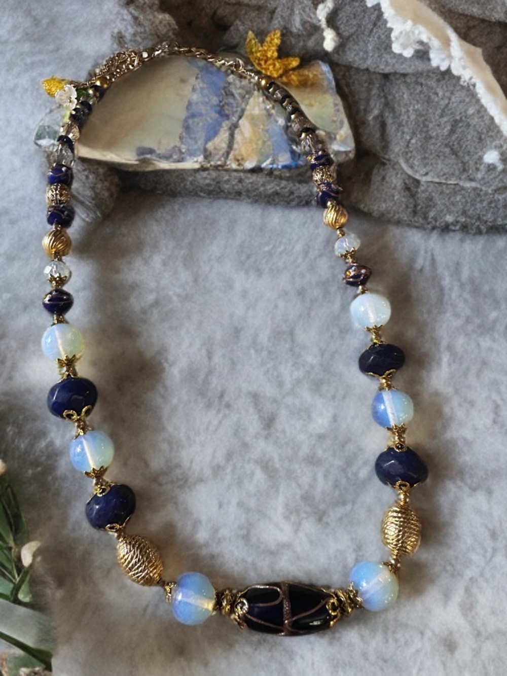 Artisan Genuine Sapphire, Opalite gem  stone and cloisonné necklace. 22 inches